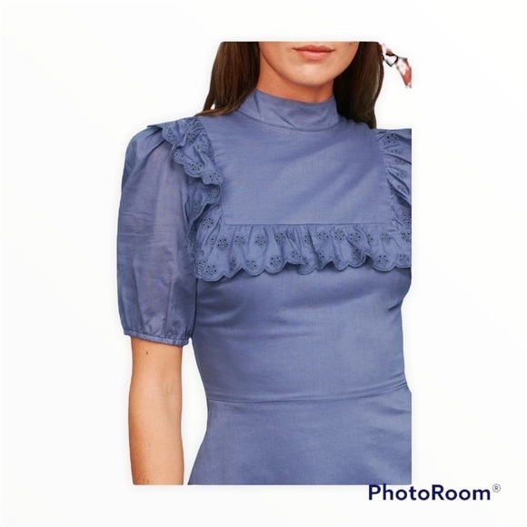 Reformation Bradley Mock Neck Puff Sleeve Mini Dress Blue Morning Glory 12 NWT - Picture 8 of 12